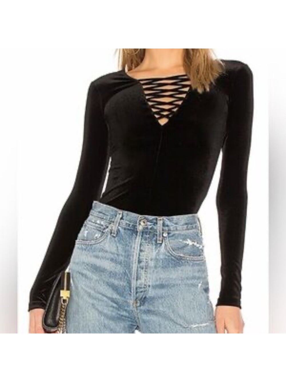 Bailey 44 women XS Black Velvet Lace Up Deep V Neck Long Sleeve Peplum Top USA